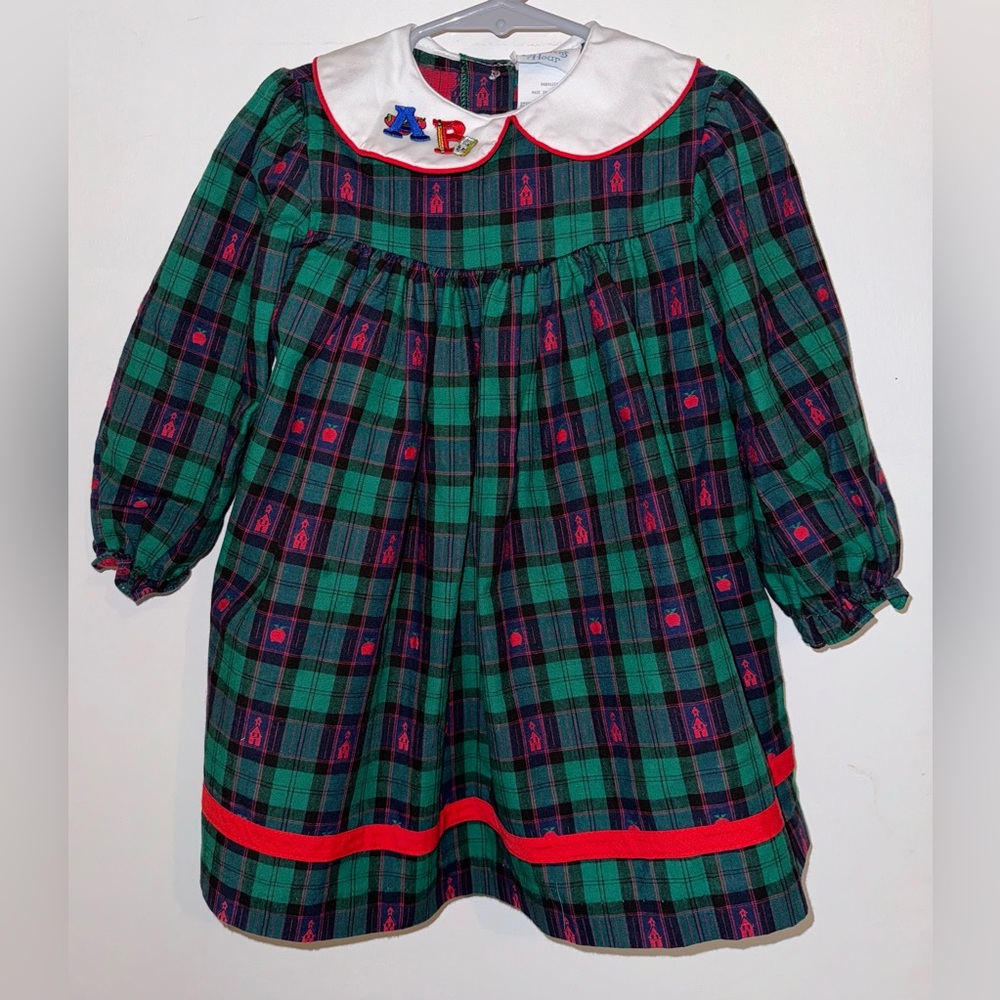 Vintage The Childrens Hour Green Plaid School Dress Size Toddler 4 Apple Letter